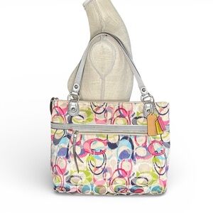 COACH Poppy Ikat 19876 Signature C Glam Tote Shoulder Bag in Silver Pink Blue